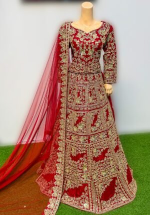 Luxury Bridal Red Lehenga Choli with Heavy Golden Embroidery & Net Dupatta
