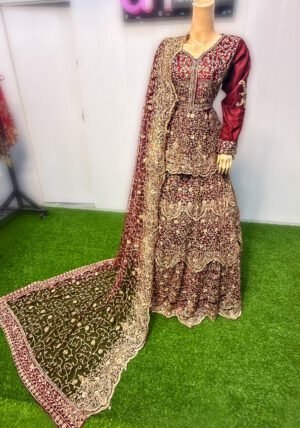 Royal Maroon luxury vibe Velvet Bridal Lehenga Set