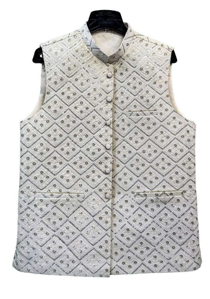 Royal White Diamond Embroidered Waistcoat – Wedding & Festive Wear