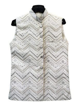 White Zigzag Embroidered Ethnic Waistcoat