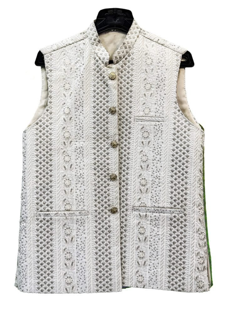 Elegant White Floral Embroidered Waistcoat – Traditional Festive Jacket