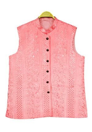 Men’s Designer Ethnic Waistcoat – Elegant Pink Embroidered Festive Jacket