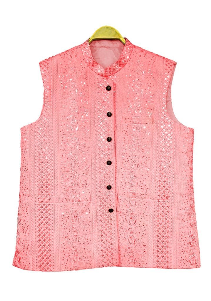Men’s Designer Ethnic Waistcoat – Elegant Pink Embroidered Festive Jacket