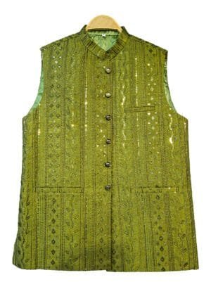 Men’s Designer Ethnic Waistcoat – Olive Green Embroidered Festive Jacket
