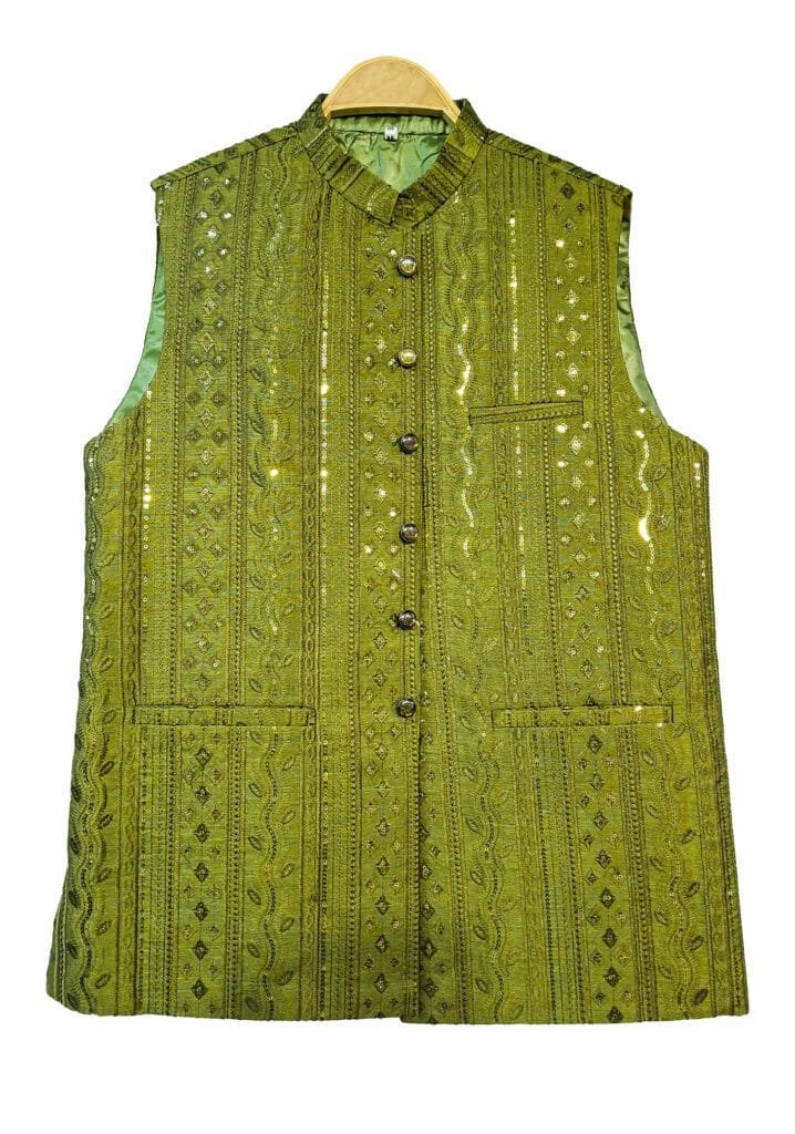 Men’s Designer Ethnic Waistcoat – Olive Green Embroidered Festive Jacket