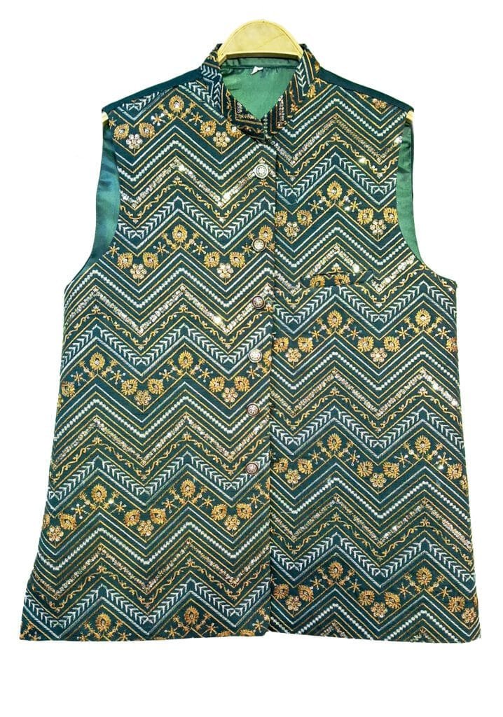 Style Regal Green Chevron Embroidered Waistcoat