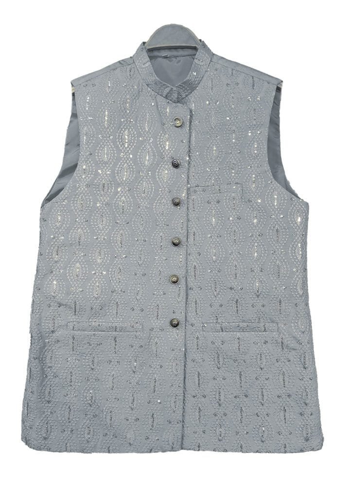 Men’s Designer Ethnic Waistcoat – Silver Grey Embroidered Festive Jacket
