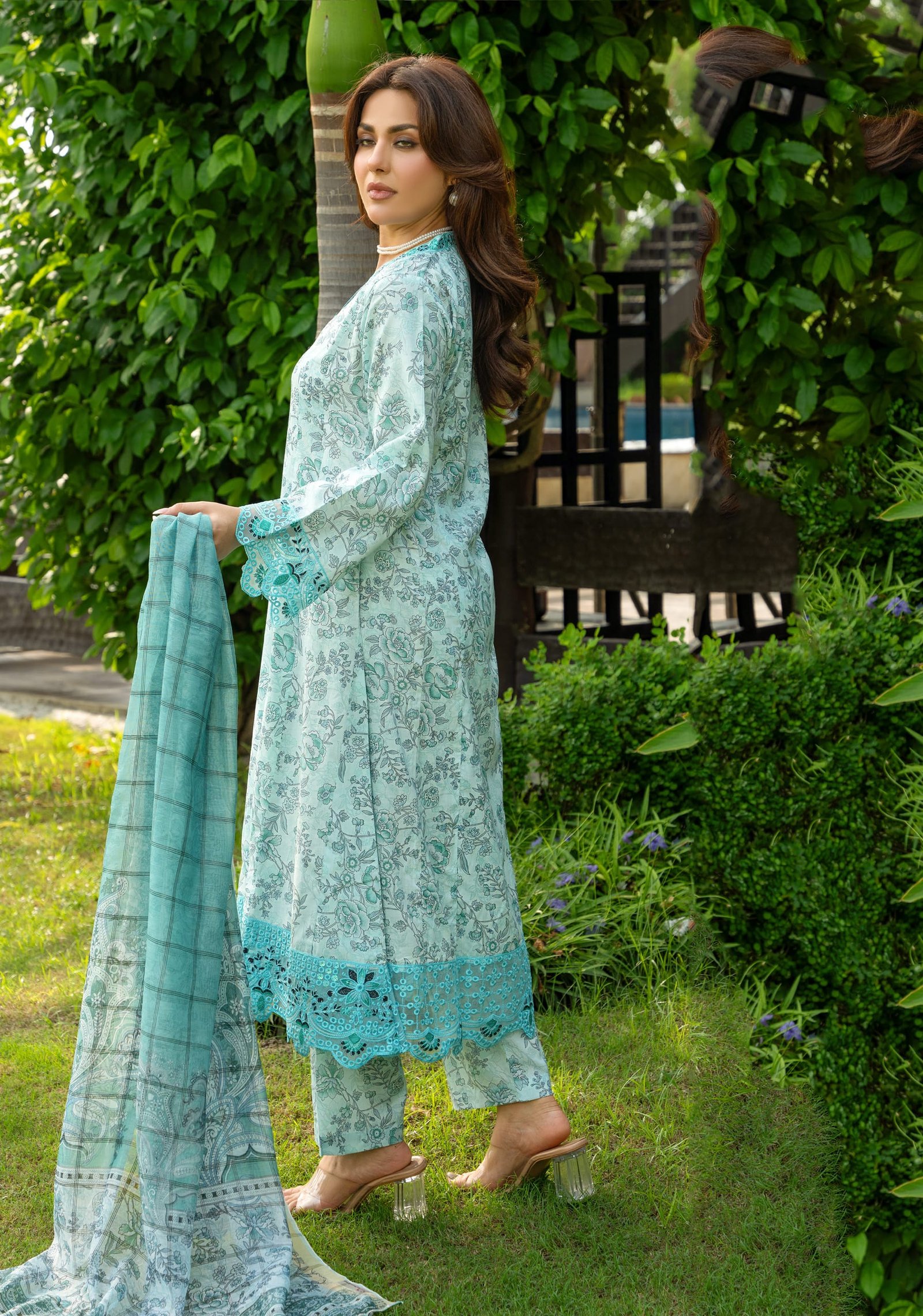 Serene Aqua Blue Floral Embroidered Lawn Suit – 3 Piece Unstitched - Image 3