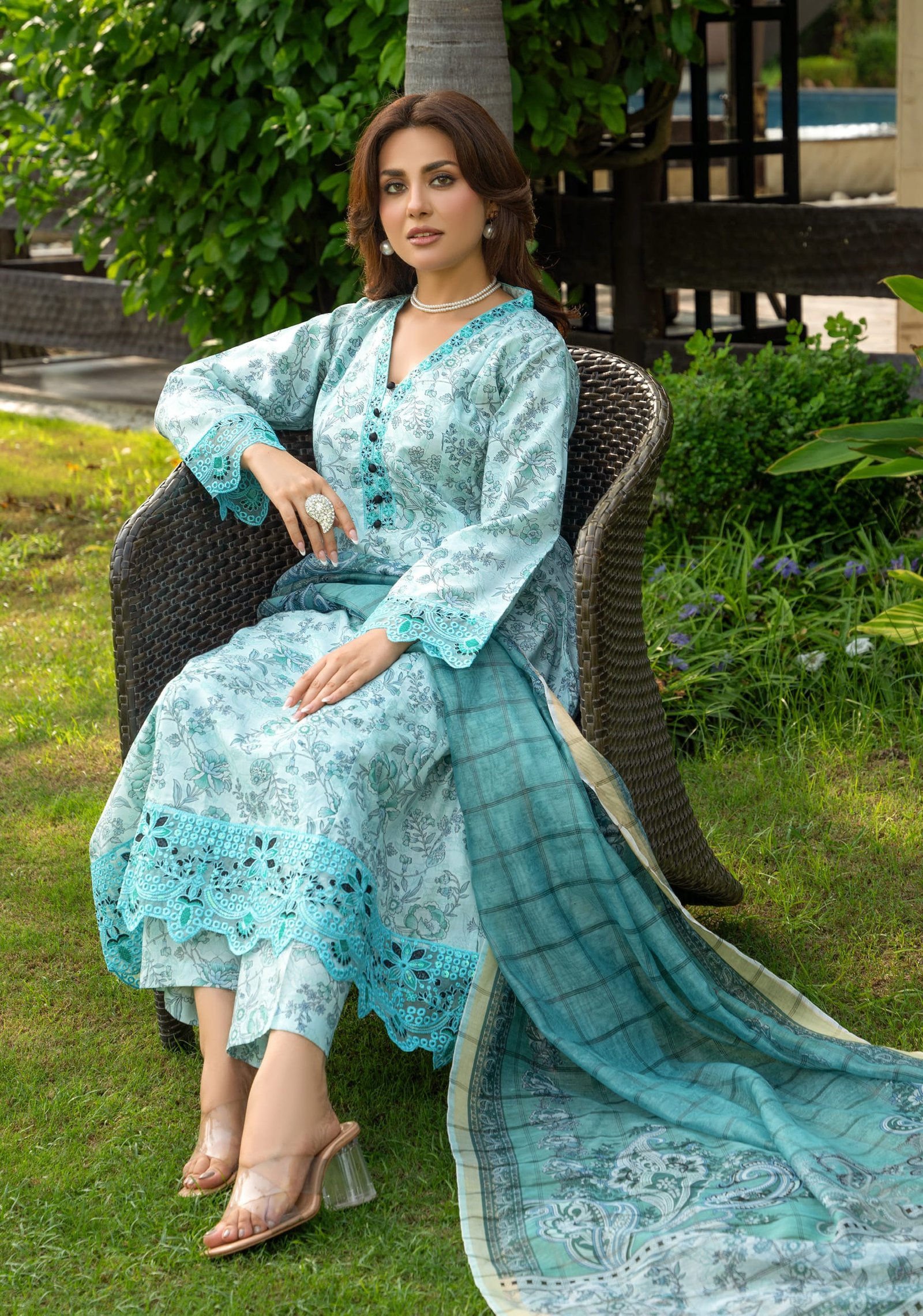 Serene Aqua Blue Floral Embroidered Lawn Suit – 3 Piece Unstitched - Image 2