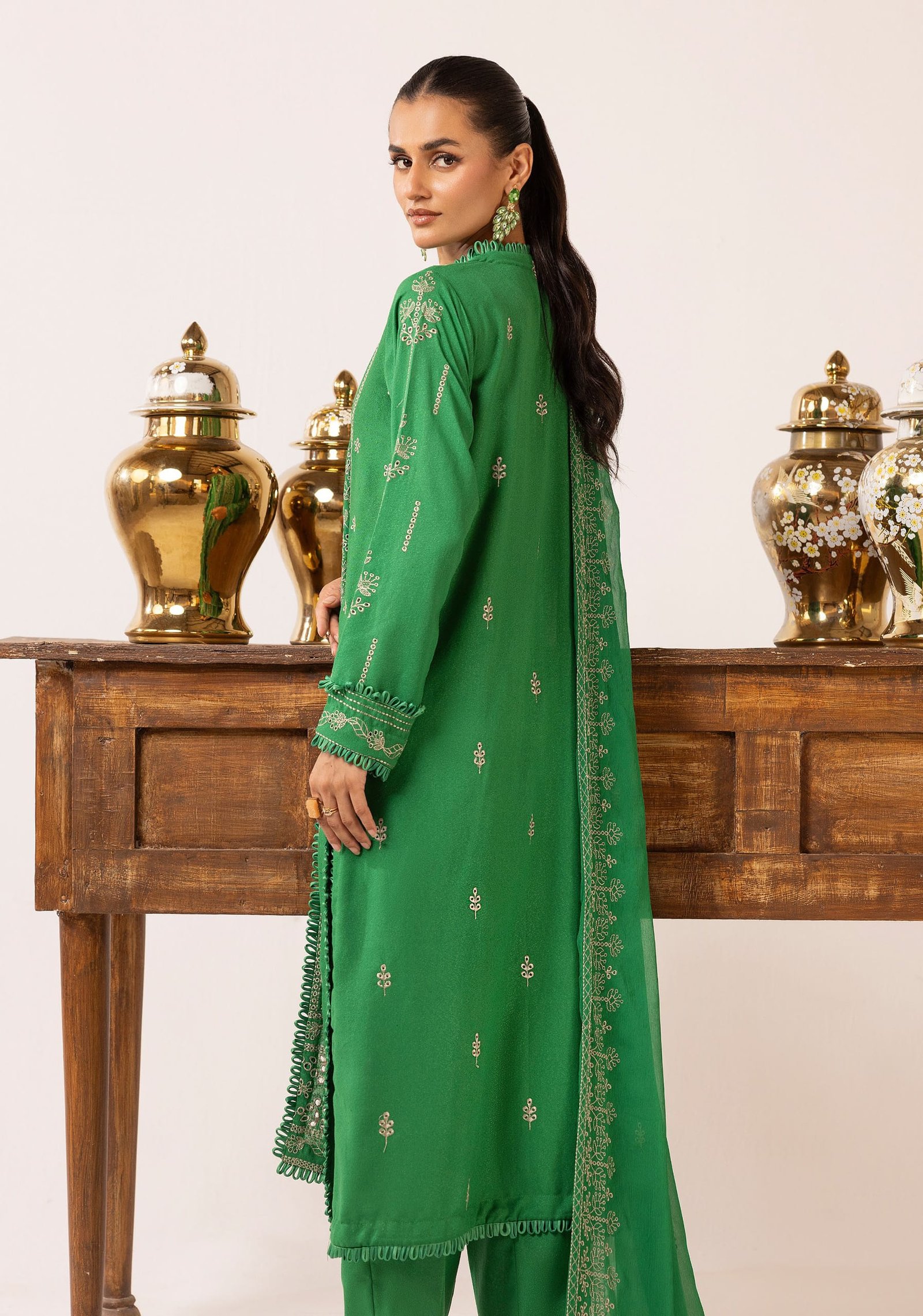 Luxury Karandi Lawn Shirt with Bamber Dupatta – Soft Beige & Pastel Floral Embroidery - Image 4