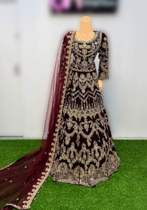 Royal Maroon Velvet Bridal Gown – Hand Embellished Zari & Dabka Work