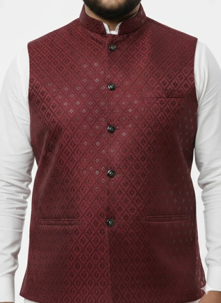Style Royal Maroon Sequin Embroidered Waistcoat