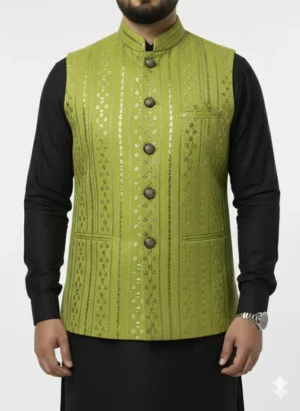 Men’s Designer Ethnic Waistcoat – Olive Green Embroidered Festive Jacket