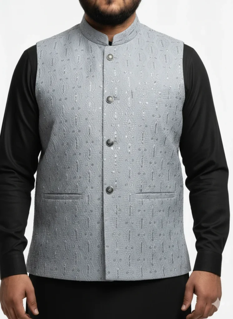 Men’s Designer Ethnic Waistcoat – Silver Grey Embroidered Festive Jacket