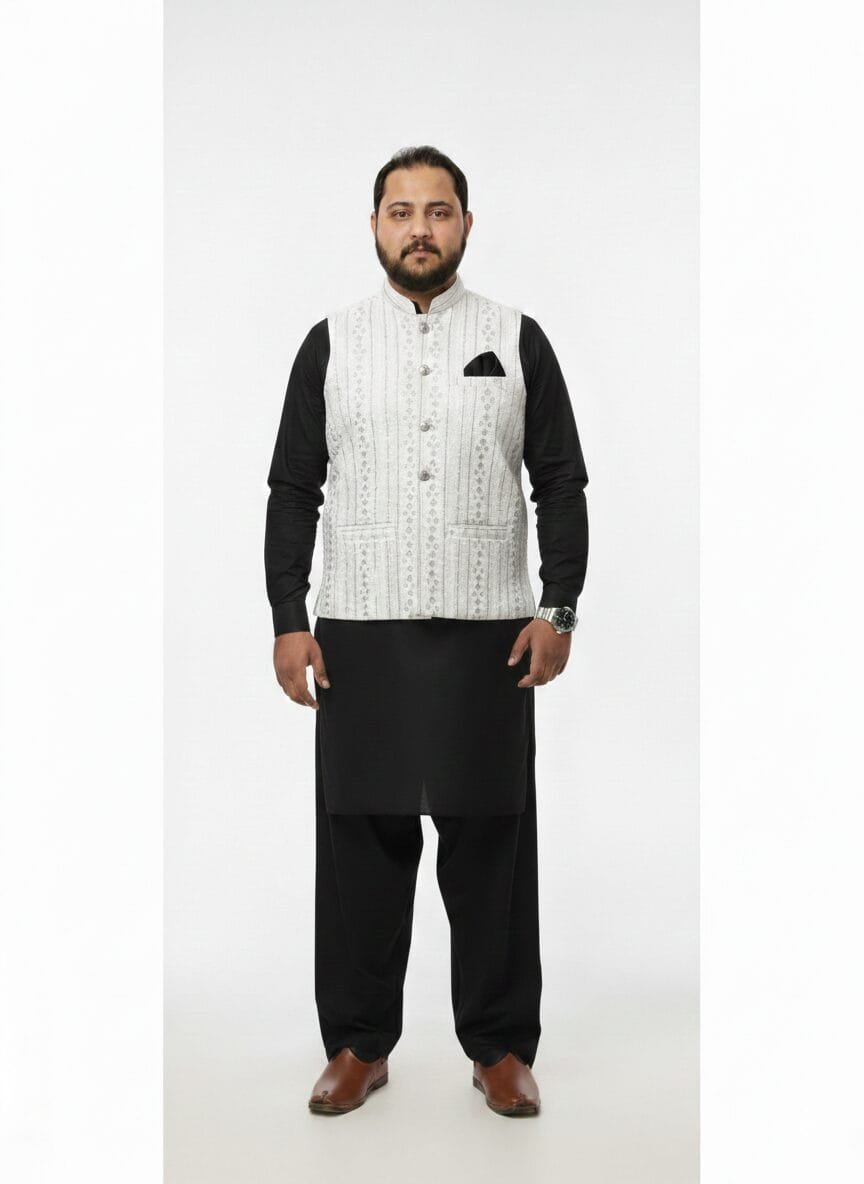 Classic White Vertical Embroidered Waistcoat – Premium Ethnic Wear - Image 2