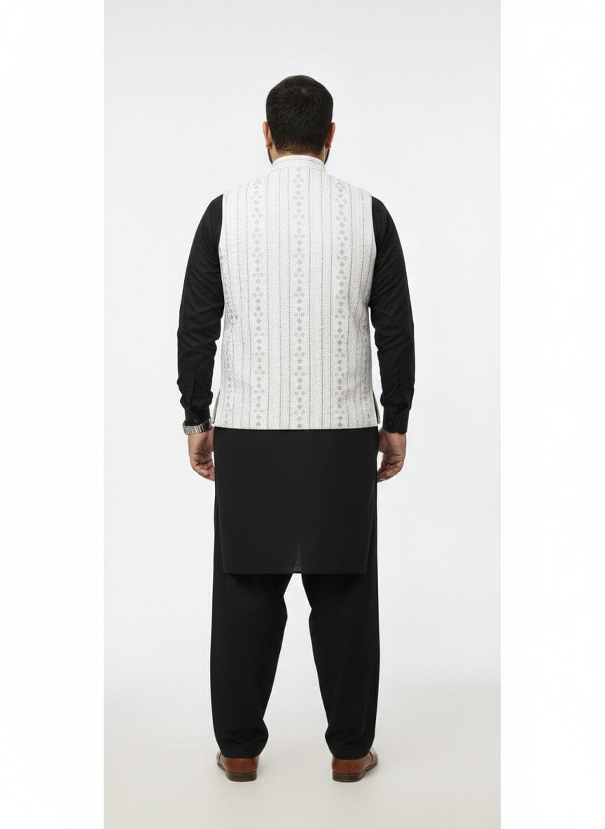 Classic White Vertical Embroidered Waistcoat – Premium Ethnic Wear - Image 3