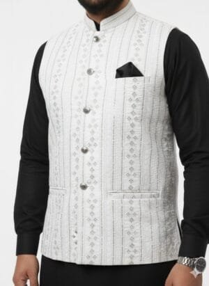 Classic White Vertical Embroidered Waistcoat – Premium Ethnic Wear