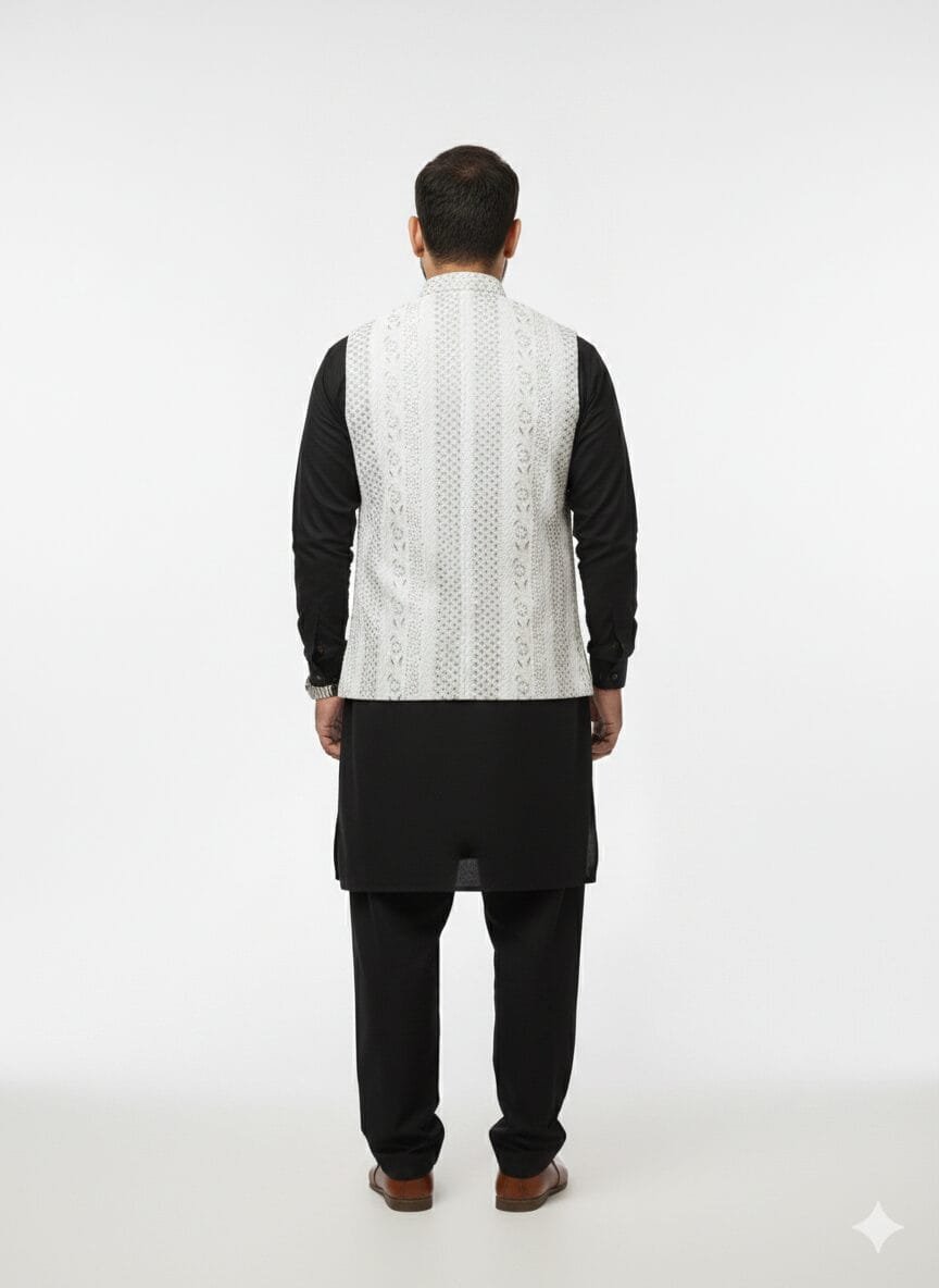 Elegant White Floral Embroidered Waistcoat – Traditional Festive Jacket - Image 3