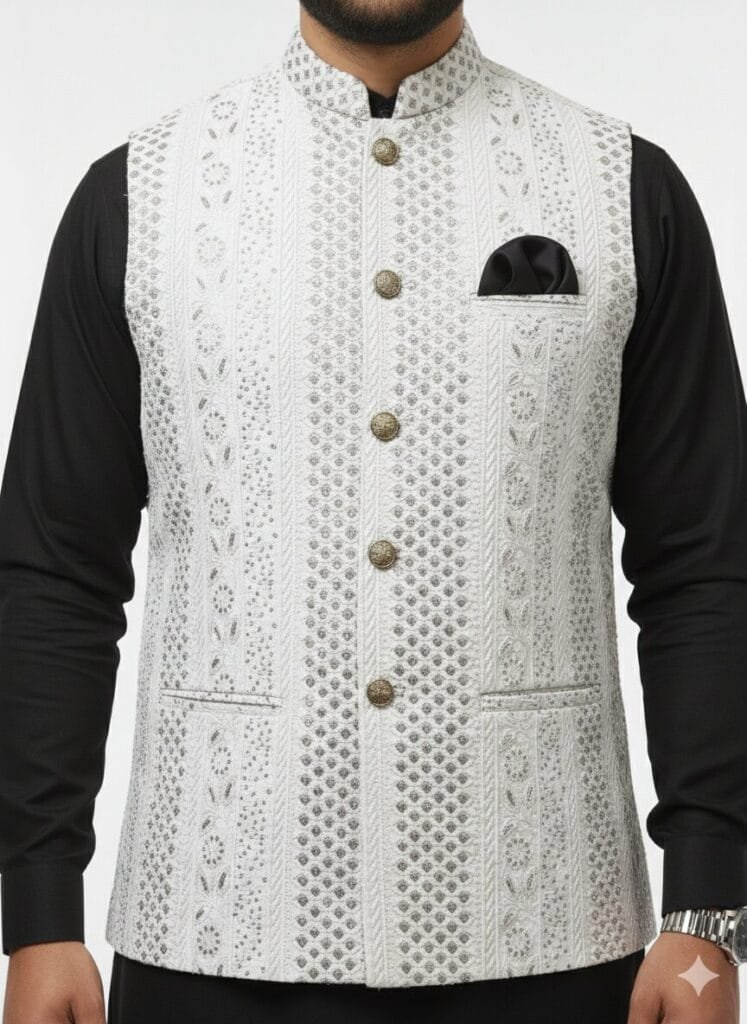 Elegant White Floral Embroidered Waistcoat – Traditional Festive Jacket