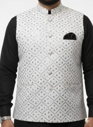 Royal White Diamond Embroidered Waistcoat – Wedding & Festive Wear