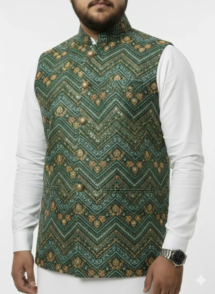 Style Regal Green Chevron Embroidered Waistcoat