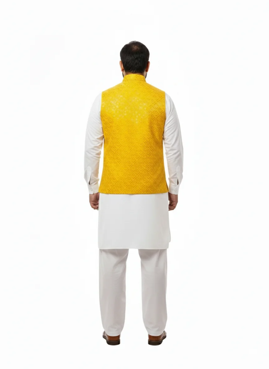 Style Men's Traditional Mustard Yellow Embroidered Festive Waistcoat - Image 4