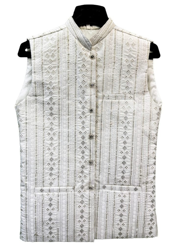 Classic White Vertical Embroidered Waistcoat – Premium Ethnic Wear
