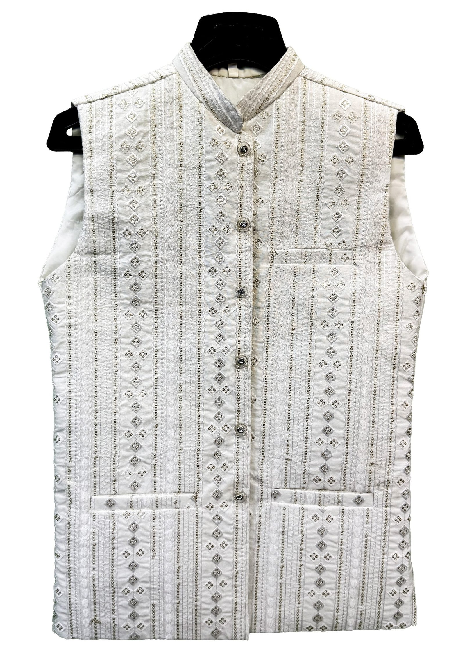 Classic White Vertical Embroidered Waistcoat – Premium Ethnic Wear