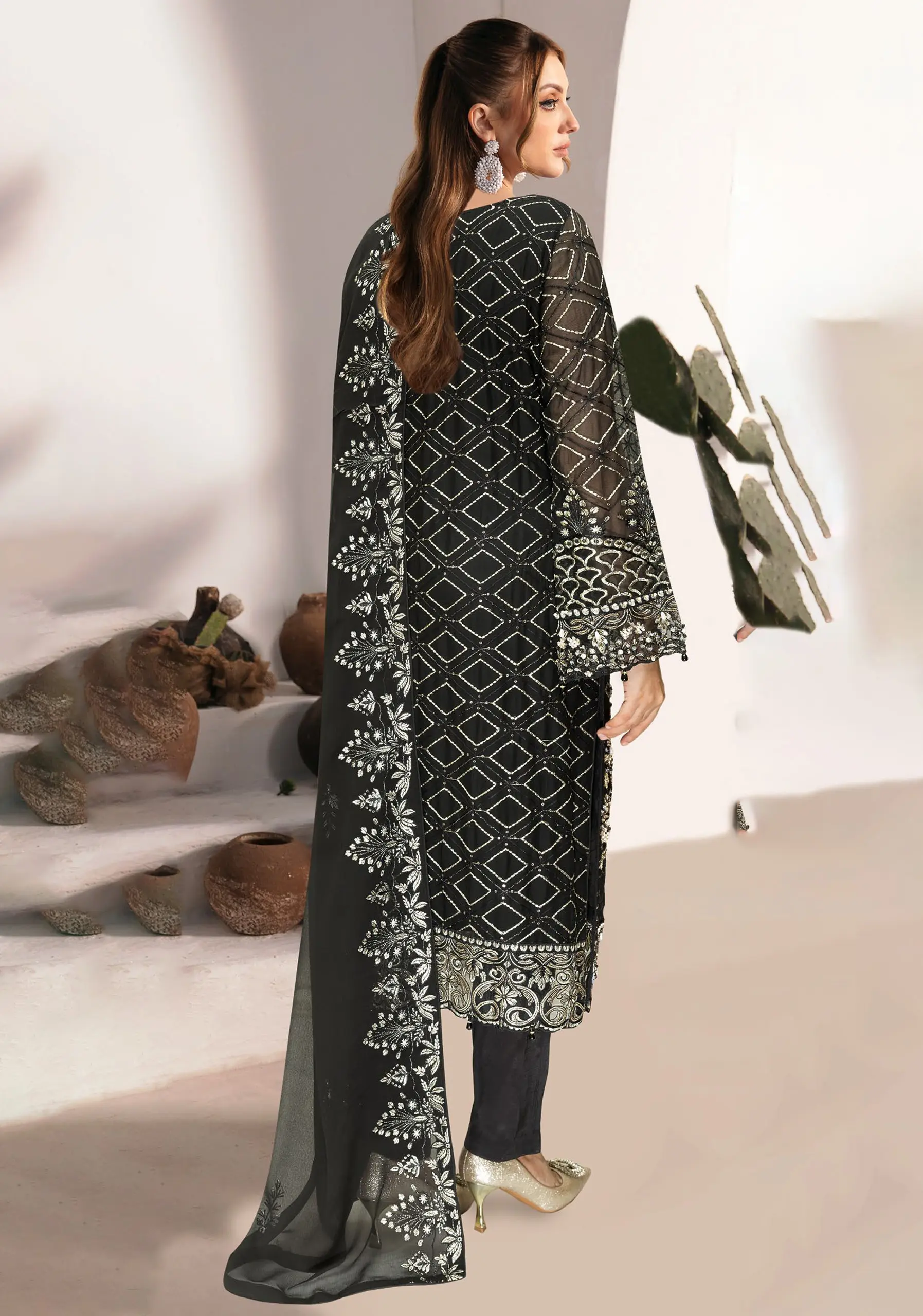 Ramsha WD-530 – Luxury Chiffon Embroidered 3 Piece Black Suit - Image 2