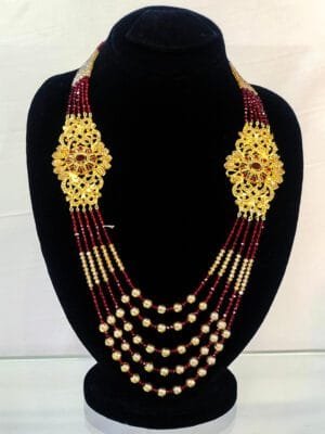 Dual Floral Kundan Motif Necklace with Red & Gold Beads