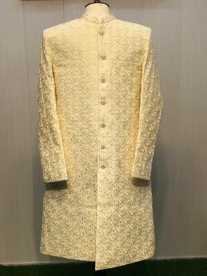 Cream Textured Sherwani