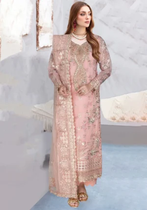 Ramsha Embroidered Chiffon Suit – WI-398 (Peach Pink)