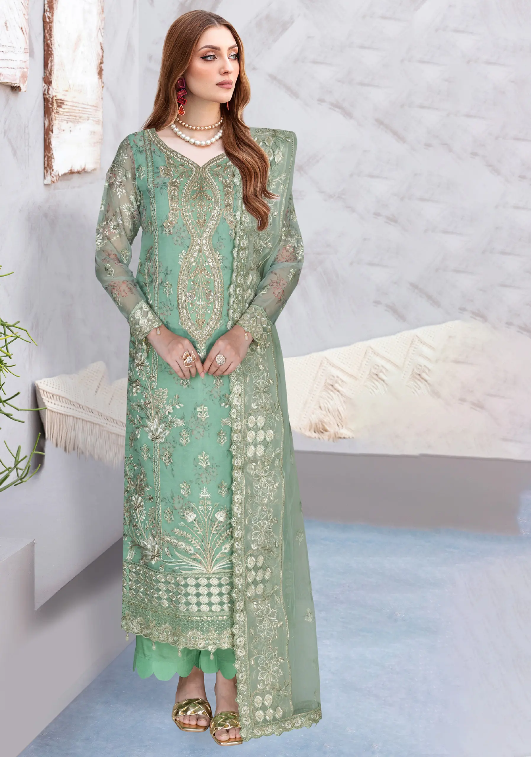 Ramsha WJ-398 – Green Embroidered Chiffon Suit