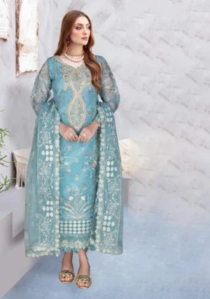 Ramsha WH-398 – Blue Embroidered Chiffon Suit