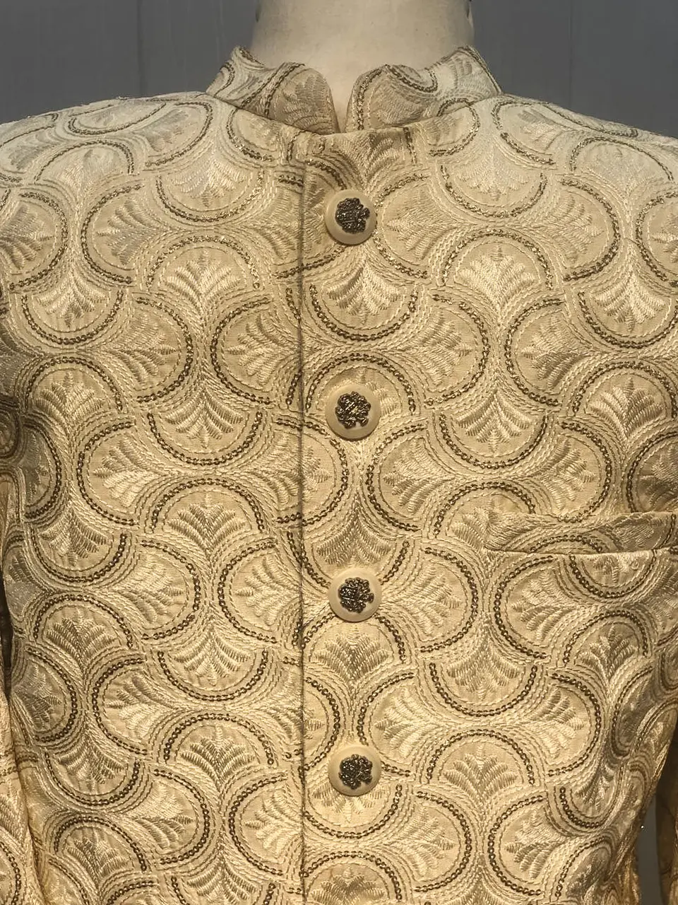 Cream & Golden Designer Embroidered Sherwani - Image 2