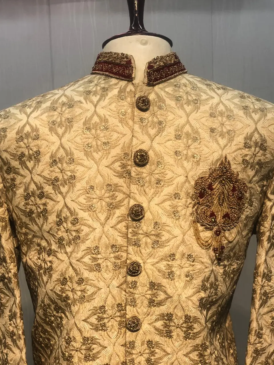 Ivory Sherwani with Diamond Pattern Embroidery - Image 2
