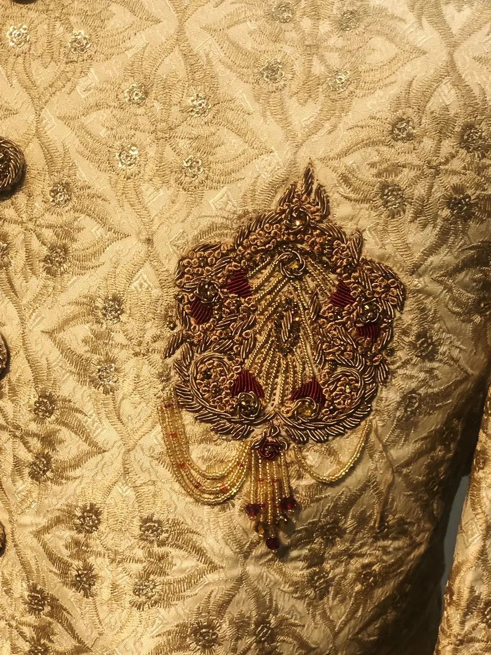 Ivory Sherwani with Diamond Pattern Embroidery - Image 3