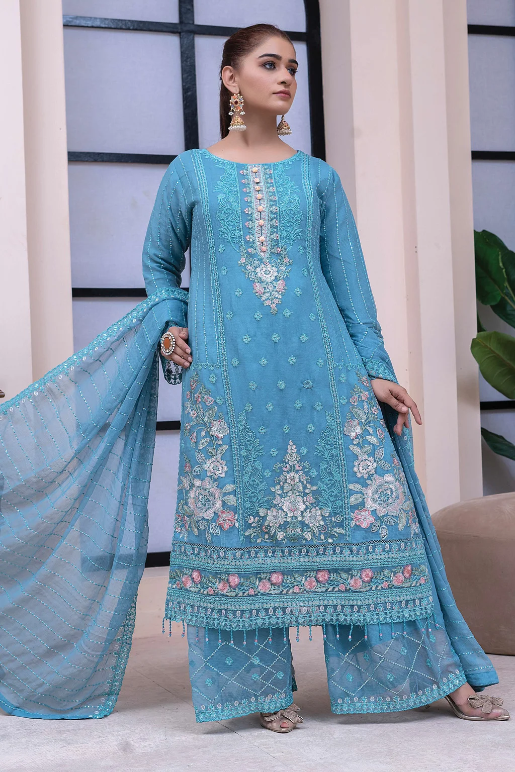 Aqua Blue Embroidered Chiffon Dress - 3 Piece Pakistani Formal Suit