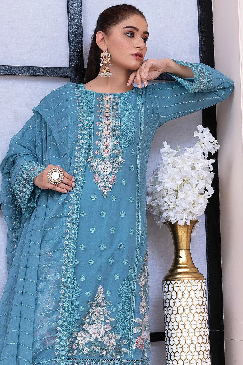 Aqua Blue Embroidered Chiffon Dress - 3 Piece Pakistani Formal Suit - Image 3