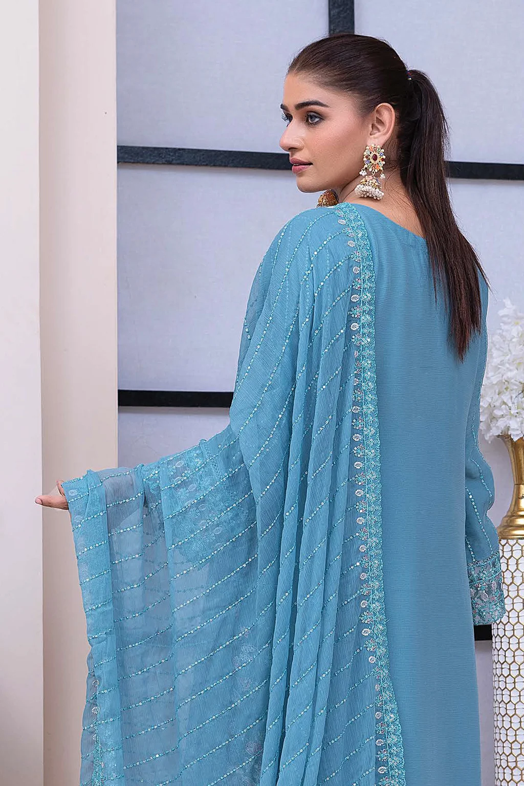 Aqua Blue Embroidered Chiffon Dress - 3 Piece Pakistani Formal Suit - Image 2