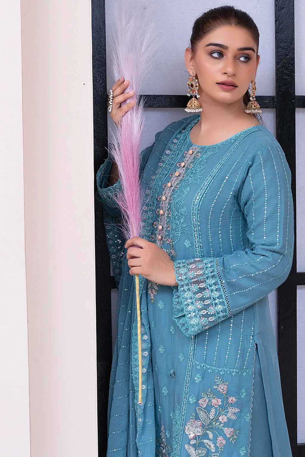 Aqua Blue Embroidered Chiffon Dress - 3 Piece Pakistani Formal Suit - Image 4