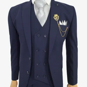Premium Navy Blue Men's 3-Piece Suit – Formal Wear with Lion Crest Brooch and Pocket Square