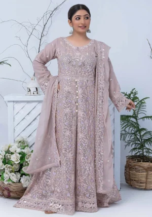 Light Pink Embroidered Maxi 3-Piece Suit – Luxury Formal Collection