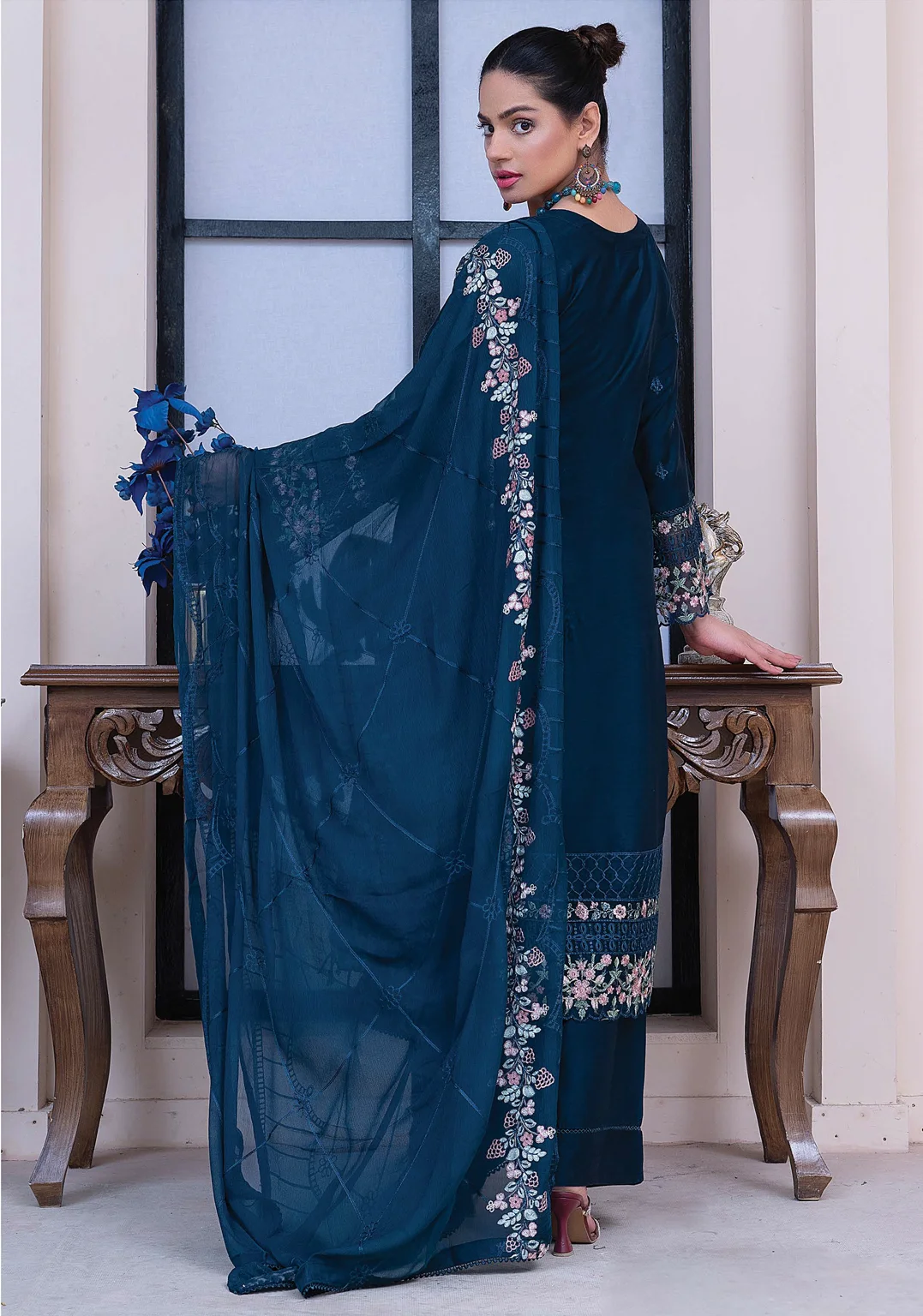 Navy Blue Embroidered Formal Suit - Image 2