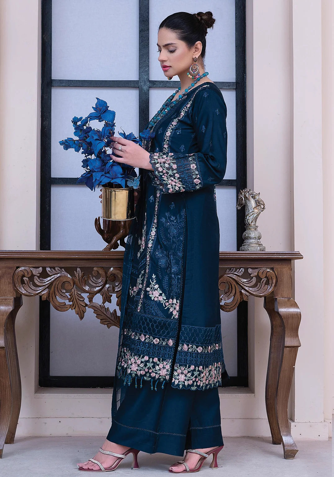 Navy Blue Embroidered Formal Suit - Image 3