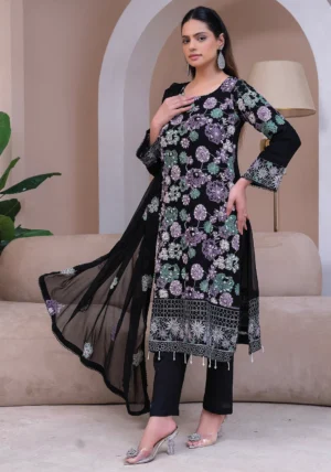 Black Embroidered Chiffon 3-Piece Suit