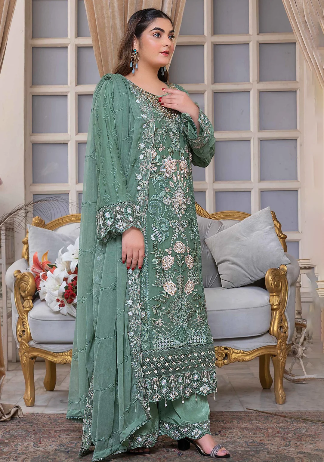 Green Embroidered Chiffon 3-Piece Suit – Luxury Formal Collection - Image 3