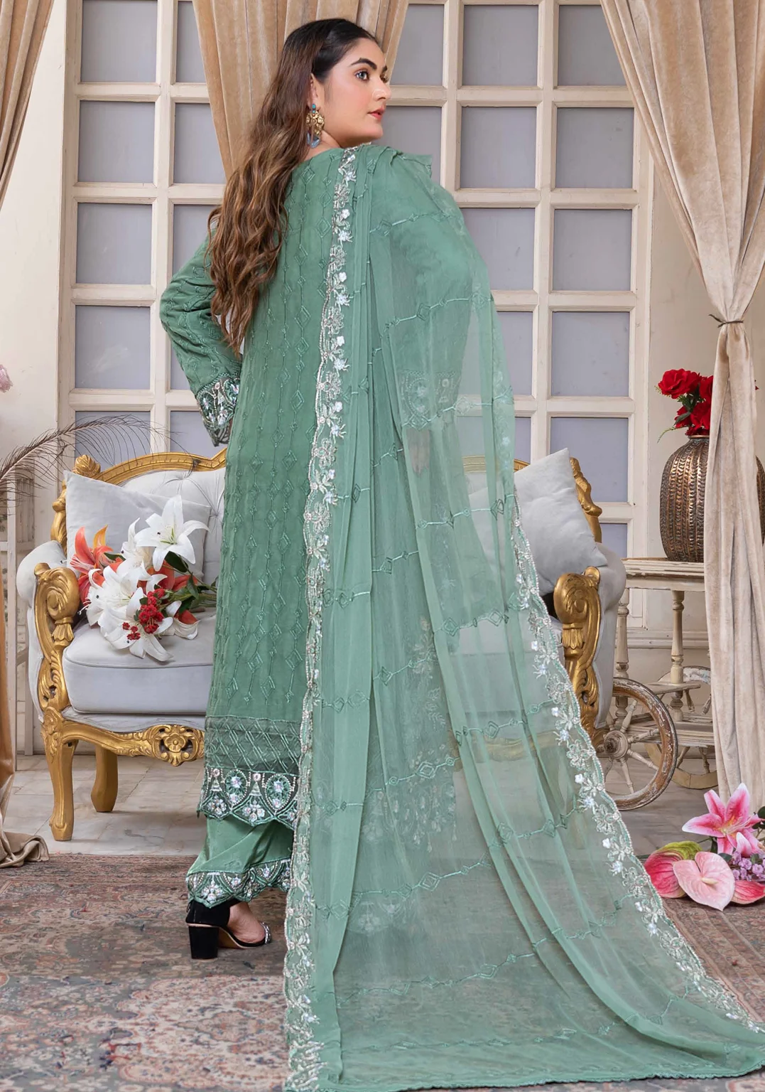 Green Embroidered Chiffon 3-Piece Suit – Luxury Formal Collection - Image 2