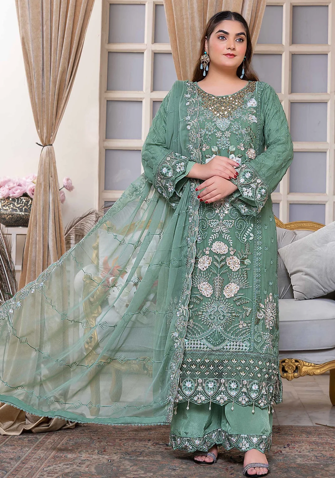 Green Embroidered Chiffon 3-Piece Suit – Luxury Formal Collection