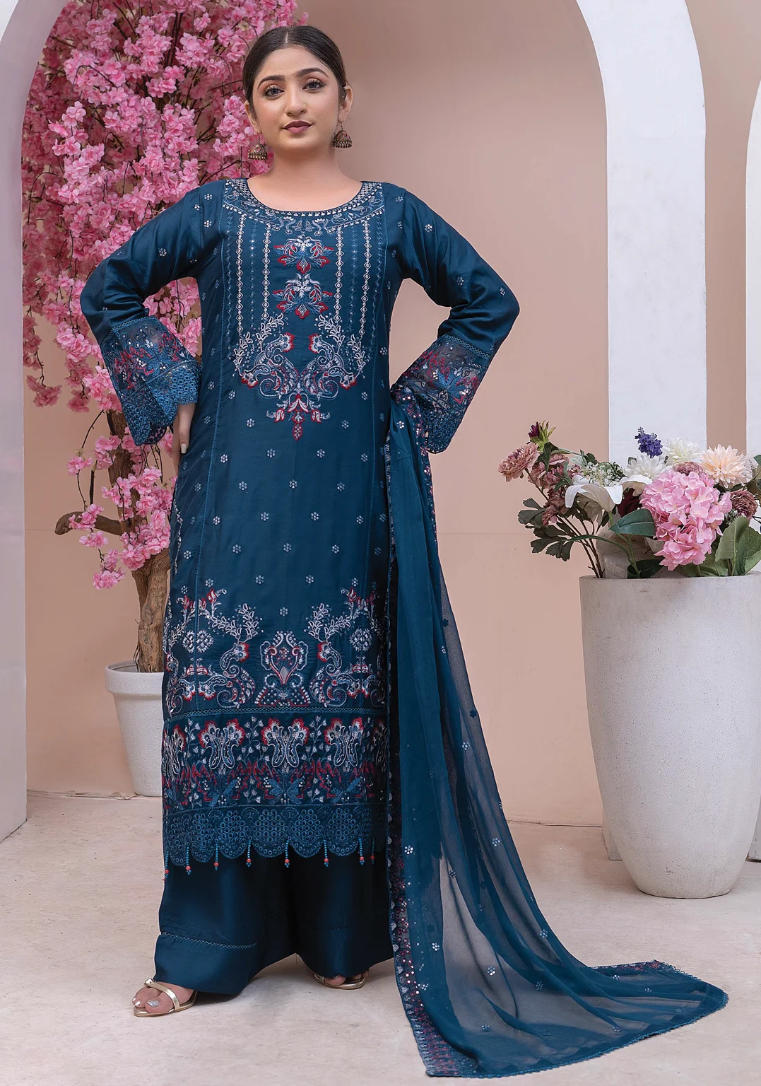 Navy Blue Embroidered 3-Piece Suit